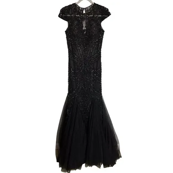 Sherri Hill Sherri Hill Gown Formal Floor Length Black Mermaid Cap Sleeve Embellished Size 4 | Sz: 4 | Color: Black
